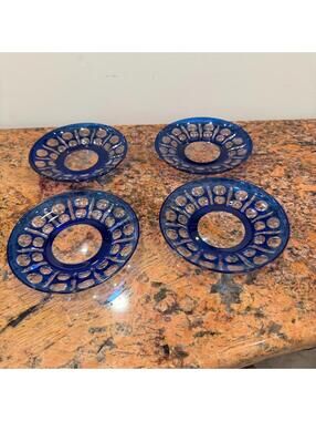 Vintage Bohemian MCM Cobalt Blue Glass Finger Saucers Set of 4